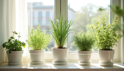 Fototapeta premium Fresh herbs in white plant pots grow on windowsill. Rosemary thyme ingredients in kitchen. Urban garden, healthy lifestyle, growing eco plants at home. Harvesting eco-friendly spice.