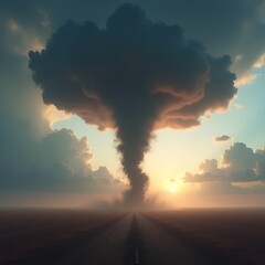 Naklejka premium Apocalyptic Sunset Landscape with Dark Storm Cloud and Road Dramatic Intense End of the World Nature Disaster