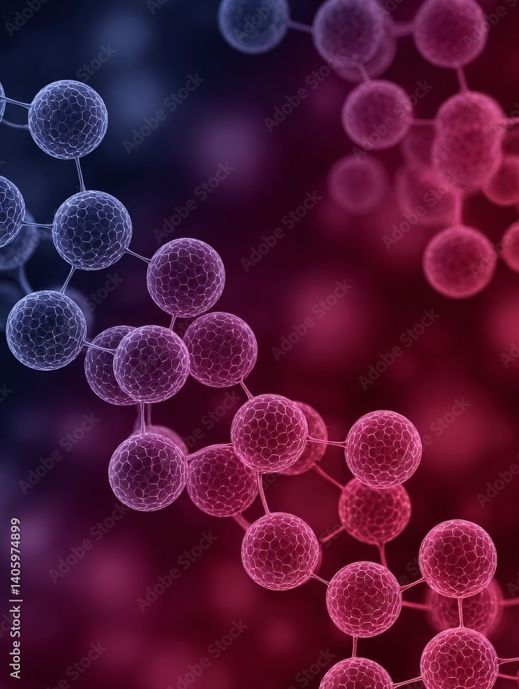 Aufkleber digital abstract rendering of molecular spheres in red purple tones on dark background illustrating 