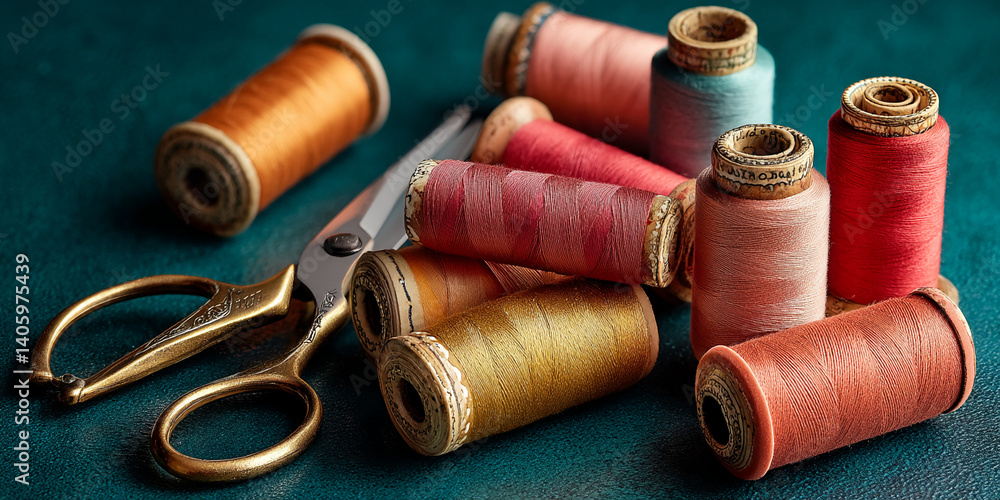Poster close-up of assorted spools of textured thread and antique scissors, showcasing rich earthy tones. s