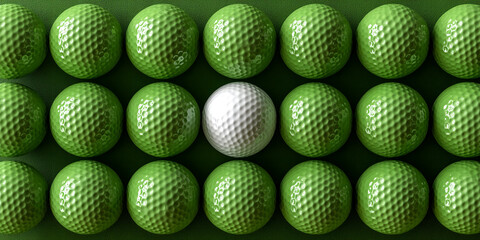 Green golf balls surround a single white golf ball on a green background, showcasing contrast and standing out from the crowd concept