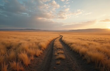 Fototapeta premium Endless steppe before sunset in early autumn. Low yellowed grass. Countryside road leads to horizon. Beautiful natural landscape, scenic view. Dramatic sky, blue clouds, golden hour light, travel,