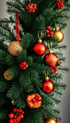 Fototapeta premium Dark green evergreen branch adorned with gold, red, and white holiday ornaments, christmas, pine