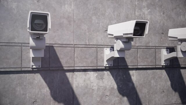 CCTV security cameras are mounted on a gray concrete wall. Ultra HD 4K animation.
