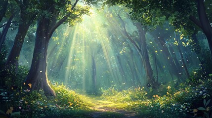 Obraz premium Lush forest a layered canopy of delicate leaves and sparkling sun rays where every branch tells a story of growth and natural splendor