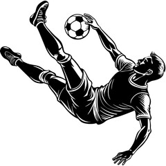A football player is executing a bicycle kick with a dynamic and acrobatic posture 