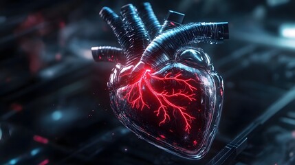 Cybernetic Heart in the Futuristic Realm: A glowing, cybernetic heart pulsates with vibrant energy, set against a sleek, high-tech background, symbolizing innovation in medicine and technology.