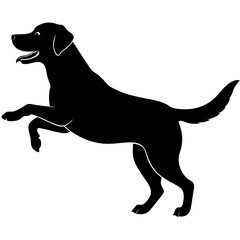 A lively Labrador Retriever silhouette, either jumping into a lake to fetch a ball or sitting with its paws up, 