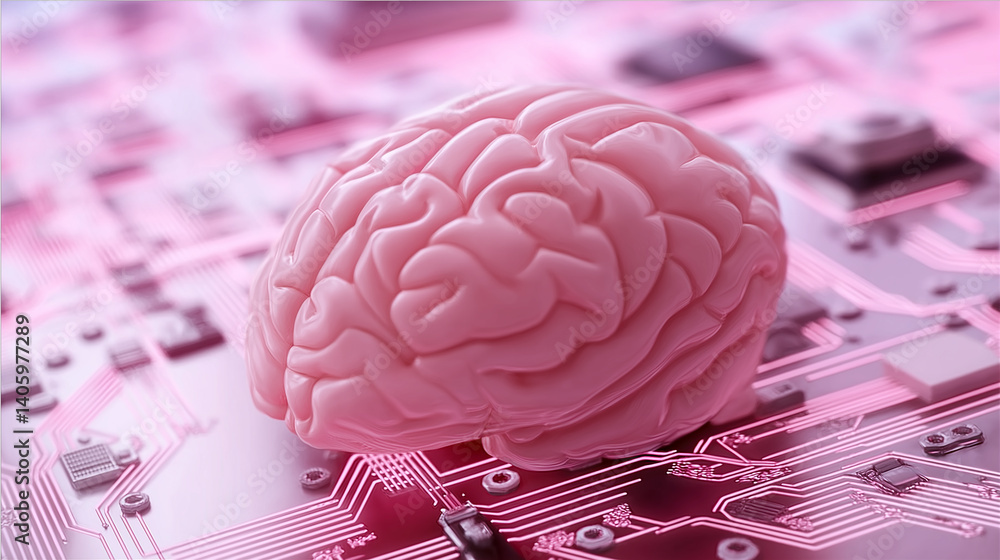 Poster Human brain resting on circuit board symbolizing artificial intelligence