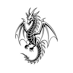 A stylized dragon in a black silhouette, with wings spread wide and tail curling, on a white background 