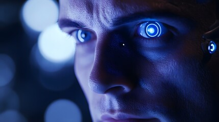 Cybernetic Gaze: A close-up portrayal of a man with futuristic, glowing blue eyes, capturing the essence of technological enhancement and artificial intelligence.