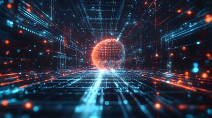 Digital Network Sphere: A mesmerizing digital sphere composed of glowing orange and blue lines and particles traverses a futuristic network landscape.