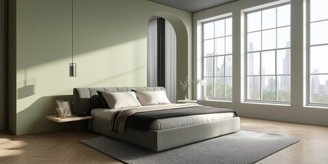 Modern master bedroom with city view featuring green walls and archway