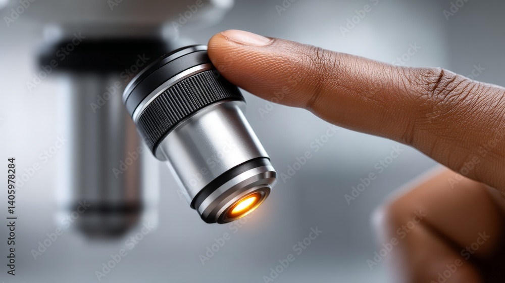 Poster macro closeup of finger adjusting microscope lens in high tech laboratory showcasing precision and m