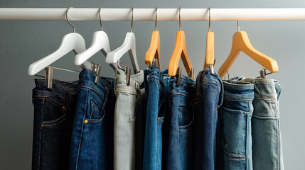 Rack with stylish jeans hanging on hangers against gray wall