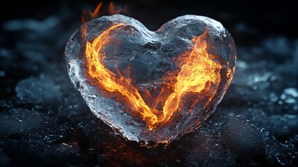 A heart shaped ice block with fire burning inside sitting on a dark icy surface in a close up shot
