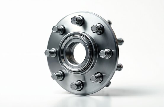 Car hub in silver color isolated on white background. Detailed closeup of metallic wheel bearing component. Transportation spare part for auto repair, automotive industry. Shiny wheel suspension.