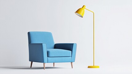 Modern blue armchair with yellow floor lamp
