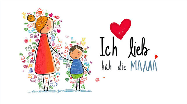 Kinderzeichnung mit Herz und Schriftzug &bdquo;Ich hab dich lieb Mama&ldquo; als liebevoller Muttertagsgru&szlig;. K&uuml;nstliche Intelligenz KI
