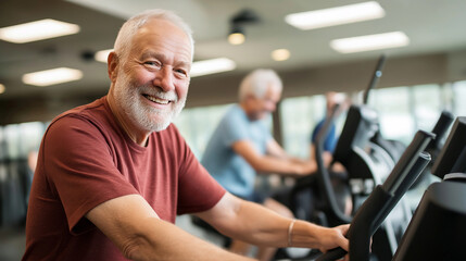 Fototapeta premium Senior man smiling and exercising on stationary bike in gym