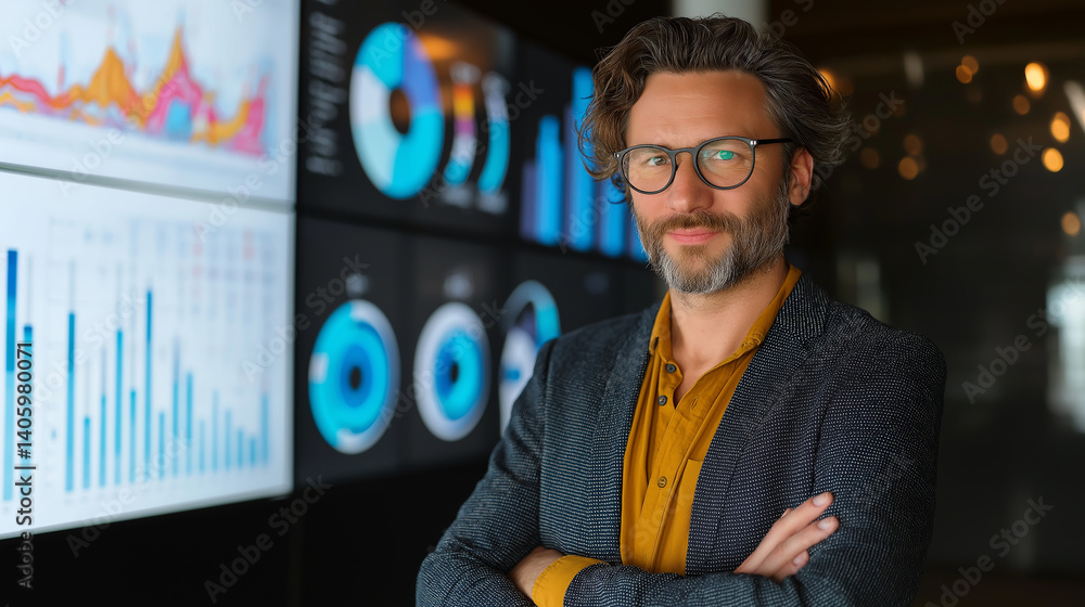 Poster businessman crossing arms and analyzing data on multiple screens