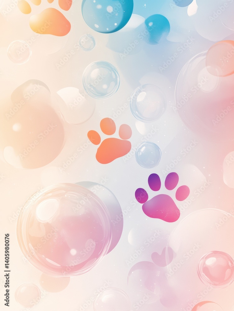 Poster soft gradient background with translucent bubbles and paw icons creates a joyful atmosphere for pet 