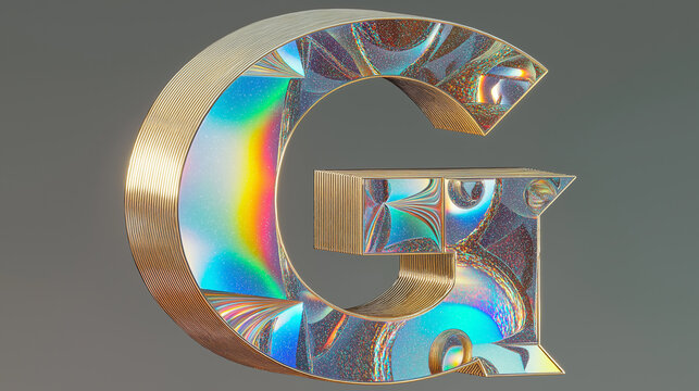 Gold and holographic letter g glittering on gray background