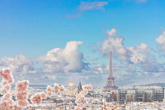 Paris city roofs with Eiffel Tower from above, Paris France