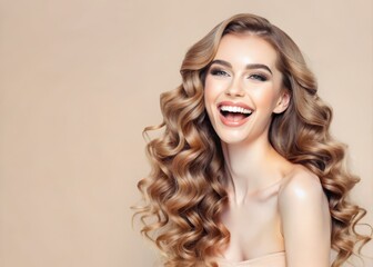 Fototapeta premium Glamorous woman with long curly red hair, beautiful makeup, and a sensual smile looks at the camera in a studio