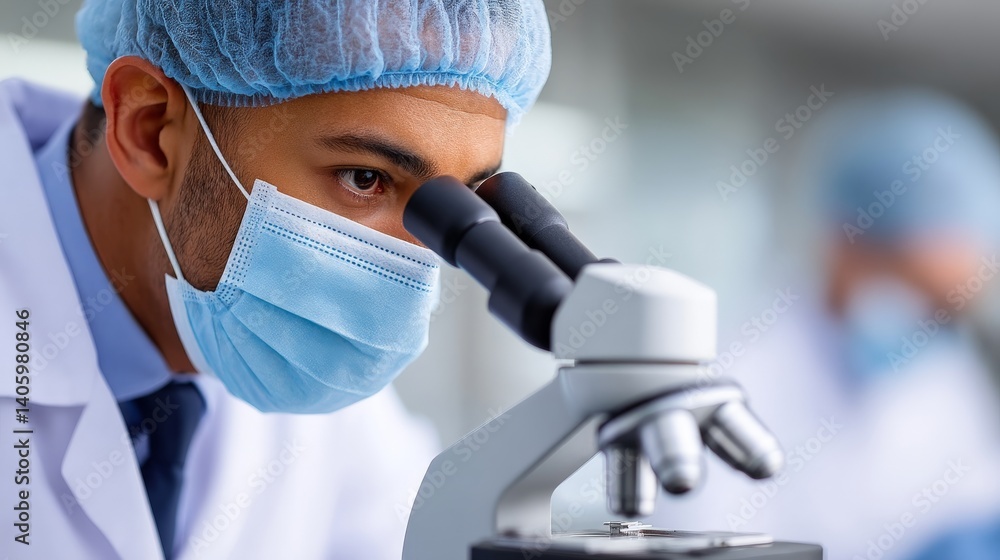 Poster focused scientist using laboratory microscope wearing blue mask in controlled clinical environment f