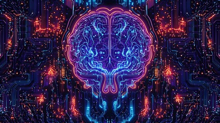 Digital Brain: A neon-lit brain with intricate details and glowing lines against a backdrop of circuit boards, emphasizing technology, intelligence, and the future of innovation.