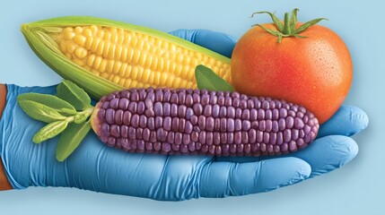 Healthy fruits and multicolored corn set on a clean blue plate representing nutrition diversity food ingredients and agricultural products in a science nutrition stock photo