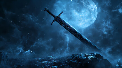 Illuminated sword in dark fantasy setting, ominous mood, symbolizing power and conflict beneath a haunting moonlight. Haunting Sword. Illustration