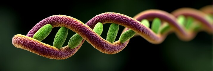 Vibrant dna helix with green red color twist on dark background symbolizing genome innovation synthetic sequence and genetic study through abstract biotech structure in scientific render