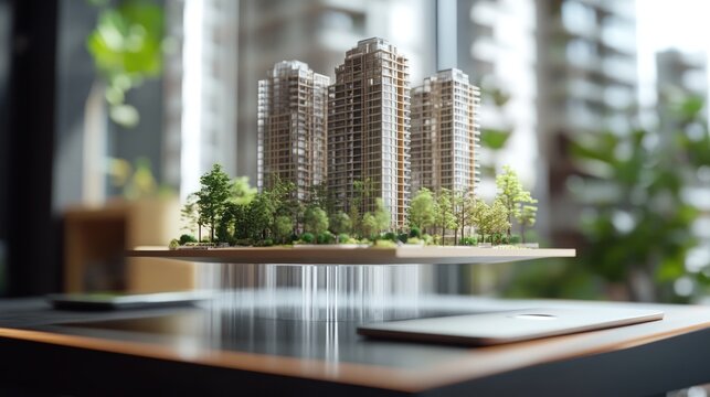 Hologram of futuristic real estate building models floating in the air above a digital workspace - Powered by Adobe
