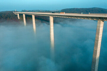 Bridge carrying A6 autobahn at sunrise over the Kocher river valley in Germany