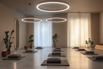 Floating LED circular chandelier with a minimalist design in a serene yoga studio