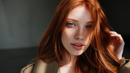 Fototapeta premium Redhead fashion model gently touching her hair in sunlight