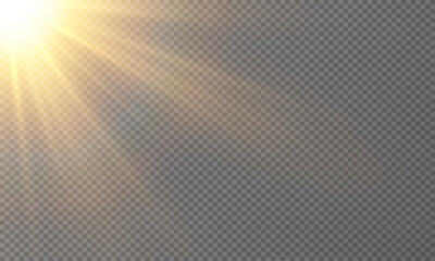 Sunlight or dawn on transparent background. Dawn, sunset, sun png. Flash of light, light effect. Light with glare png. Sun with rays and glare png. 