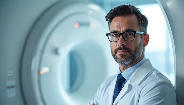 Portrait of male radiologist wearing glasses, stands near radiology machine. Doctor in lab coat, confident, experienced. Medical worker in hospital, clinic. Modern tech, healthcare.