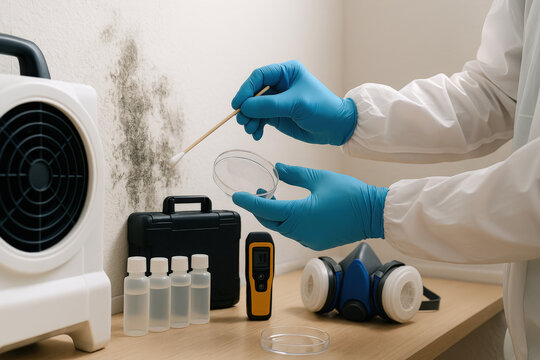 Mold inspection and sampling by technician in protective gloves

