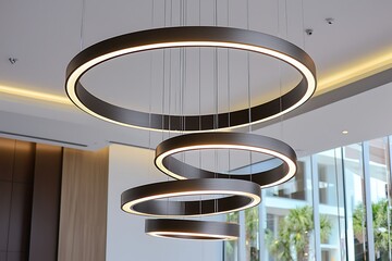 Geometric multi-ring circular chandelier with LEDs in a modern art gallery
