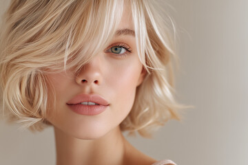 elegant blonde model with short hair bob full lips close up against plain white background natural makeup full eyebrows lip filler blush skincare spa aesthetic close up shot