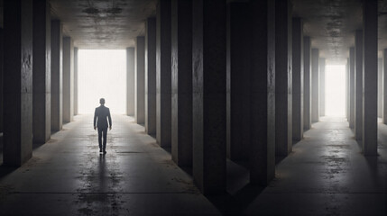 Man Walking Towards Light at End of Tunnel: Hope, Future, Opportunity, Decision, Urban Exploration