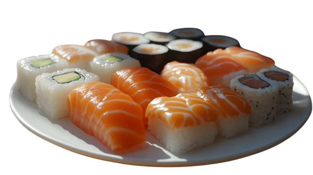 A plate of assorted sushi featuring vibrant colors and textures perfect for culinary enthusias