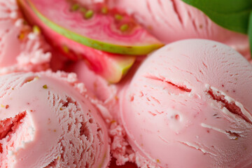 Glace à la goyave en boules avec tranche de fruit en arrière-plan, texture crémeuse et couleurs rose et vert, saveur exotique et fraîcheur estivale, dessert fruité et gourmand d’artisan glacier