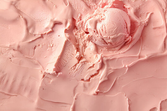 Cr&egrave;me glac&eacute;e et boule de glace rose &agrave; l&rsquo;ar&ocirc;me de goyave avec texture onctueuse en gros plan, gourmandise estivale fruit&eacute;e, dessert rafra&icirc;chissant sur fond uni monochrome rose doux