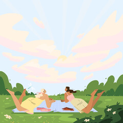 People at blanket in park, field. Friends chilling in nature admiring the sunset, landscape. Flat vector illustrations.