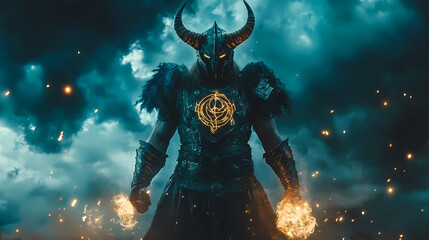 Mythical demigod with horned armor and glowing runes under midnight sky. Heroic Rune. Illustration