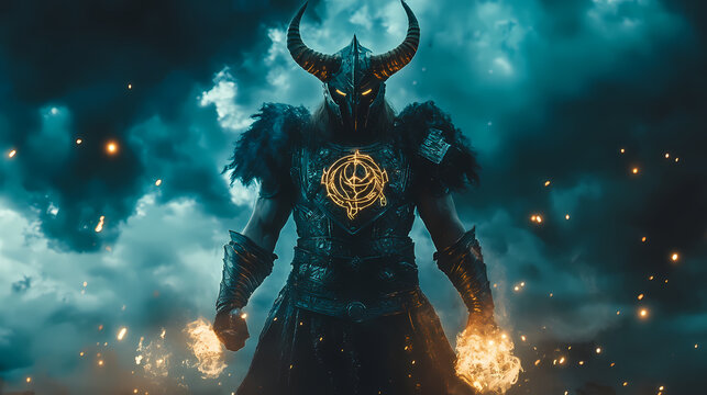 Mythical demigod with horned armor and glowing runes under midnight sky. Heroic Rune. Illustration